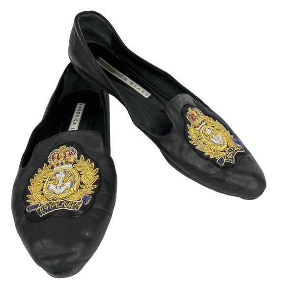 Veronica Beard Black Flats 36.5 Royal Navy Gold Patch - Picture 10 of 10